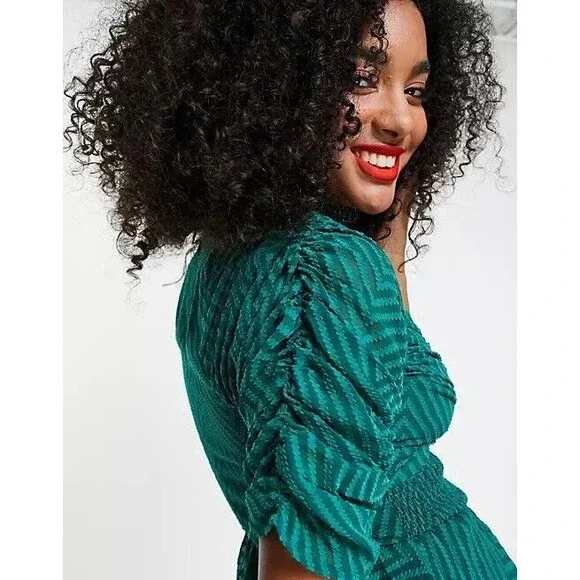 ASOS Ruched Waist Pleated Midi Dress Green Striped Sz 14 - Picture 4 of 14